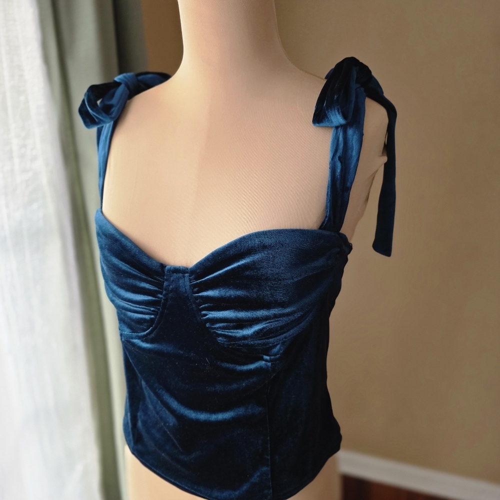 Teal Velvet Cami Corset Tank Top Adjustable Tie Straps If By Sea Women's Large - Picture 5 of 13